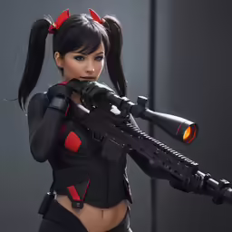 a model with a gun standing by herself