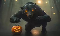 a cat with a pumpkin lantern, in the dark