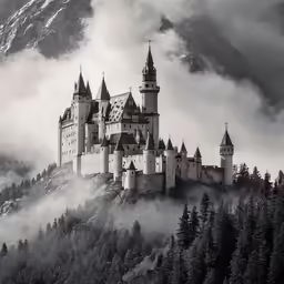 a castle is in the middle of a mountain