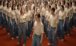 a crowd of people in jeans and white t - shirts walk towards the camera