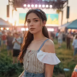 the girl is looking in a field of people