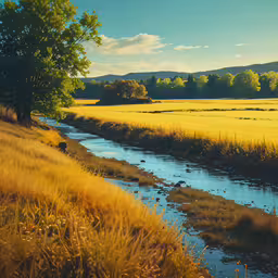a yellow field with grass and some water,a grassy field with a stream of water surrounded by tall grass