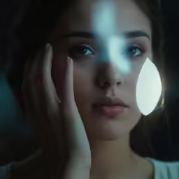 a woman with blue eyes and her hands on her face