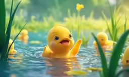 several small plastic rubber ducks are in the water