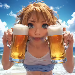 a pretty blonde woman holding two glasses of beer