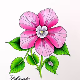 a pink flower with a green leaf and stem,the pink flowers are drawn on the paper