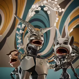 two robot like figures posed in front of a patterned wall