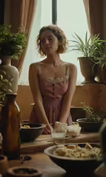 a woman sitting at a table looking down and making something