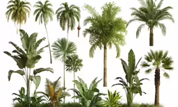some green plants and palm trees with white background