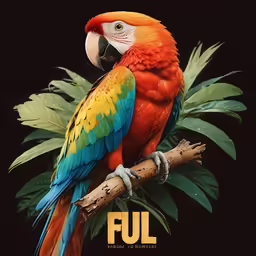 colorful bird sitting on tree branch with black background