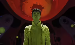 the person is standing in front of several circular objects
