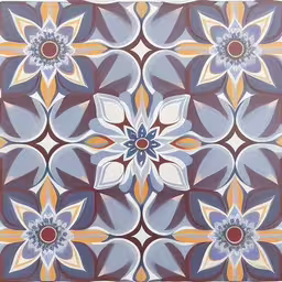 an image of artistic tile designs in purple,an artistic pattern of flowers in purple, yellow and red