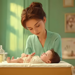 a young woman in green is looking at her small baby