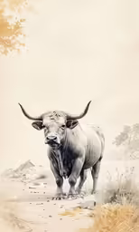 a bull with big horns walking in a desert