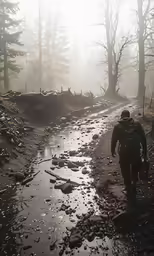 man in wet gear on a muddy path near trees