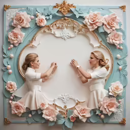 this paper doll is depicting two ladies in white dresses
