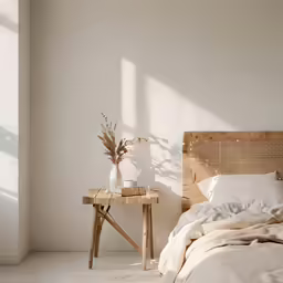 a bedroom with a small table on one side