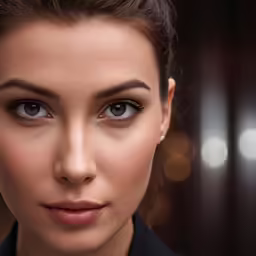 a close - up view of a woman with bright brown eyes