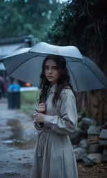 woman with umbrella standing on pavement in the rain