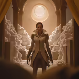a girl standing in an archway and wearing armor