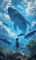 an adult and child watching a large whale swim through the ocean