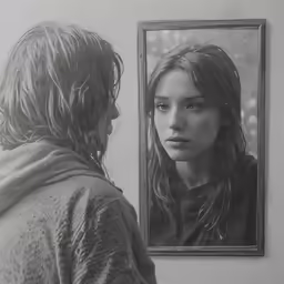the woman is looking at herself in the mirror