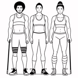 an illustrated picture of three men from different eras,a picture of men and women with sportswear,three different men with a cane and a pair of skis,three young men standing side by side in sports wear,three men in different sports clothing