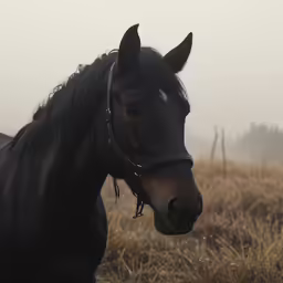 a black horse standing on top of a dry grass covered field