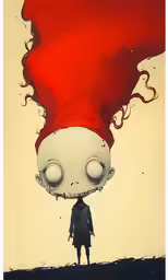 a person wearing a red hair standing under a large piece of art