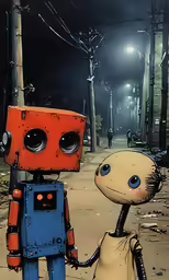 a red and blue robot is holding the hand of another robot