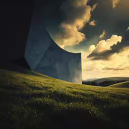 a grass field next to a building