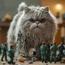 toy soldiers are looking at a big fluffy cat