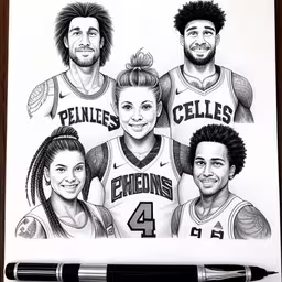 an illustration of a group of basketball players,a drawing of basketball players and their family,some of the pelicans team drawn by their manager, and a friend,an art work of three basketball players in different jerseys,the brooklyn nets