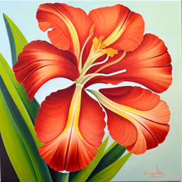 an image of an oil painting of a flower,a picture with a flower in the center,an orange flower painted in acrylic on a canvas,a painting of a flower that is very red,a painting of red flowers on a green stem