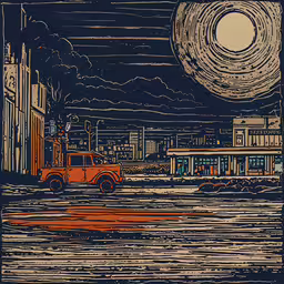 a large orange pickup truck parked near some buildings,a truck sitting in a flood on the road