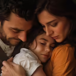 a father and two daughters hugging their heads