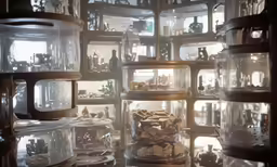 a shelf with many glass containers of items