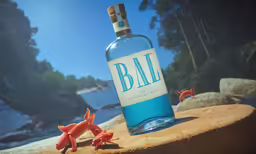 an orange fish next to a blue bottle of bau gin