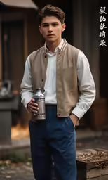 the man is posing for a photo while holding a metal object