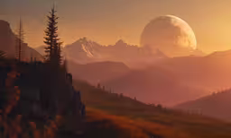 a mountain landscape with trees and mountains in the background