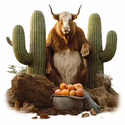 a large horned animal in front of a desert with cacti and apricots