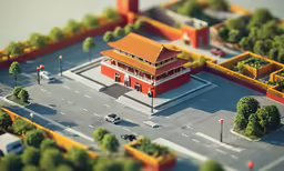 a small model of a building next to many trees