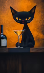 black cat on counter with glass and bottle in front