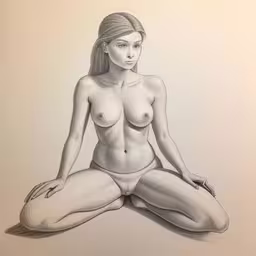 this drawing is very pretty on display in the museum,a drawing of a woman that is sitting on a mat