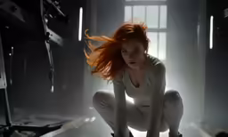 an image of a woman with red hair squatting