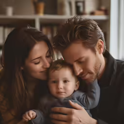 there is a man holding a little baby and his wife with her face on him
