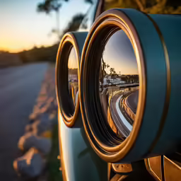 a pair of round mirrors reflecting a view of the street