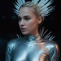 a model in silver metallic clothes is looking at the camera