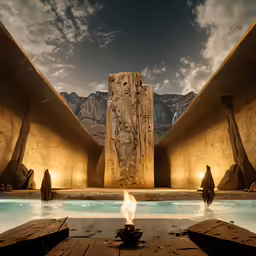 an outdoor swimming area with fire in the water