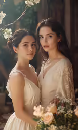two women in formal dress standing near each other